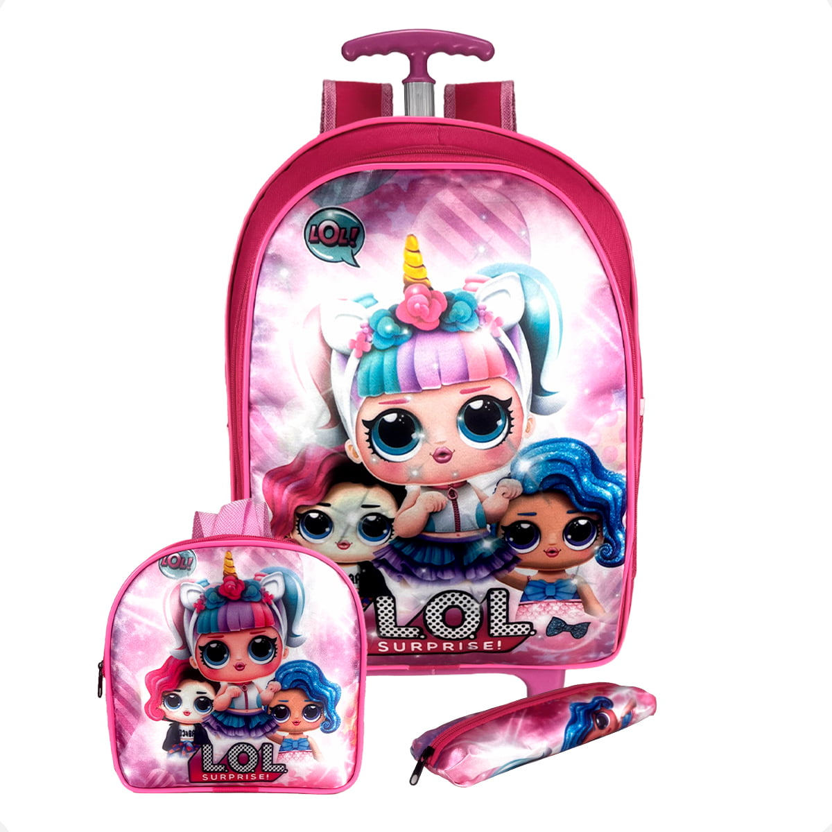 Kit Mochila de Rodinha Feminina da LOL 3Pçs- Atacado