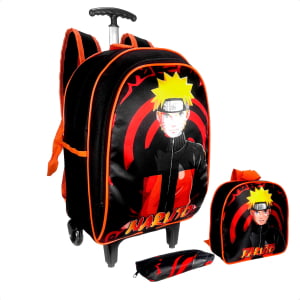 Mochila de rodinha naruto volta as aulas kit com 3 peças , mochila , estojo e lancheira