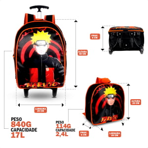 Mochila de rodinha naruto volta as aulas kit com 3 peças , mochila , estojo e lancheira