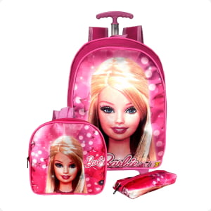 Mochila Feminina de Rodinha da Barbie Kit 3pçs- Atacado