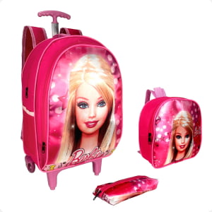 Mochila Feminina de Rodinha da Barbie Kit 3pçs- Atacado