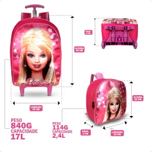 Mochila Feminina de Rodinha da Barbie Kit 3pçs- Atacado