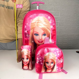 Mochila Feminina de Rodinha da Barbie Kit 3pçs- Atacado