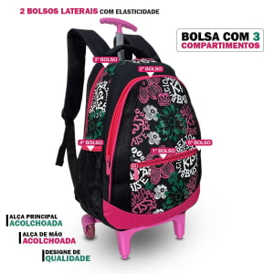  Mochila Escolar feminina com rodinhas estampa em flores 